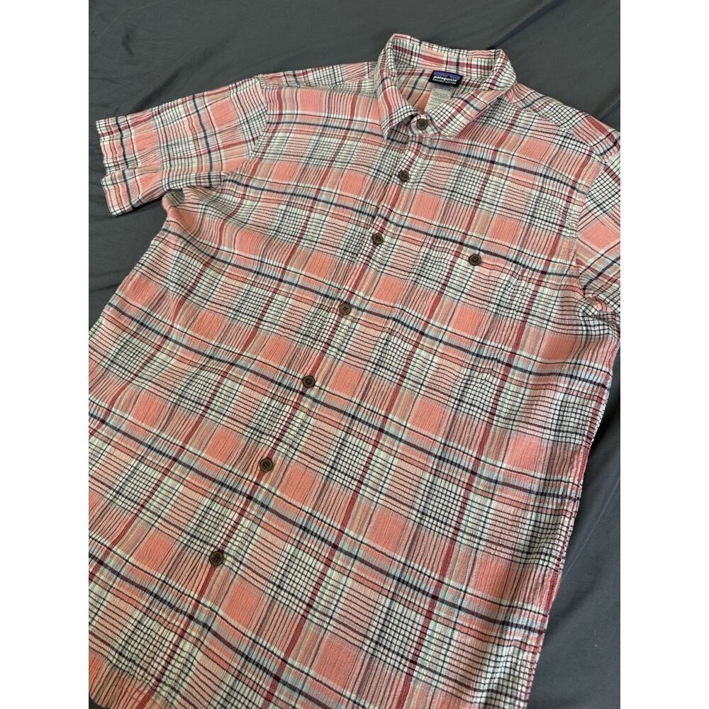 Patagonia A/C Shirt Mens Large Peach Plaid Organic Cotton Crinkle Button Up - Picture 11 of 13